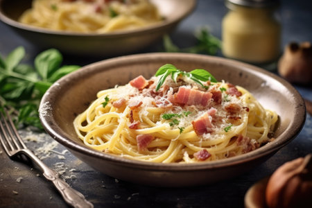 Spaghetti Carbonara with bacon and parmesan cheese in a bowlの素材