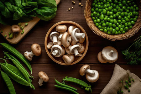 Mushrooms and green peas on a wooden table, top viewの素材