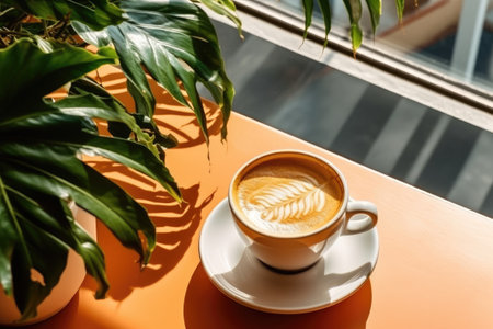 Cup of coffee with latte art on table in coffee shopの素材