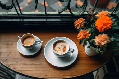 Two cups of coffee on a wooden table in a cafe with flowersの素材