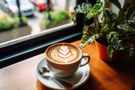 Coffee cup with latte art on wooden table in coffee shopの素材