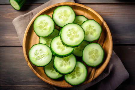 Sliced cucumber in a wooden plate on a wooden backgroundの素材