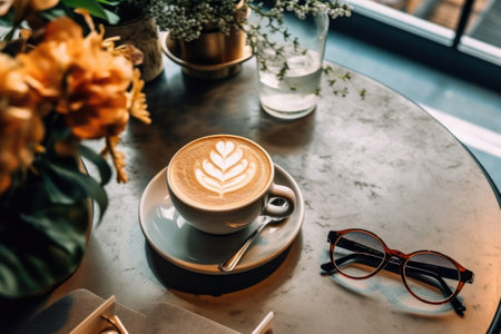 Coffee cup with latte art on table in coffee shopの素材