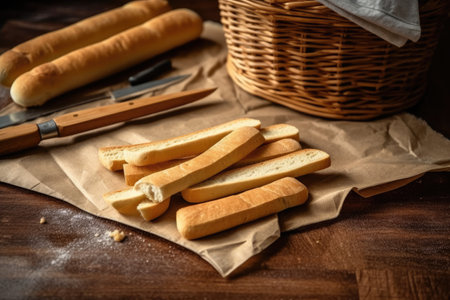 Baguettes on a wooden board with a basket and a knifeの素材