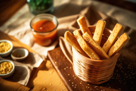 Crispy breadsticks in a basket on a wooden table. Toned.の素材