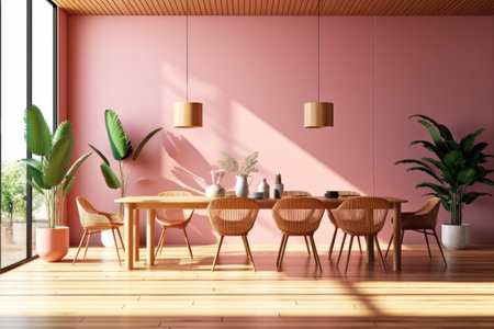 Interior of modern dining room with pink walls, wooden floor, round wooden table with yellow chairs and potted plants. 3d renderingの素材