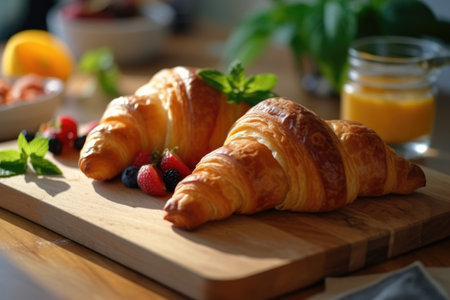 Fresh croissants with berries on a wooden board. French breakfastの素材