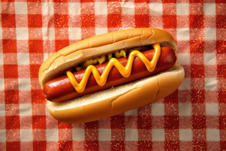 Hot dog with mustard and ketchup on a red and white tableclothの素材