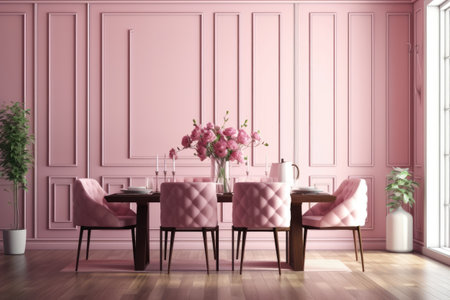 Modern dining room interior with pink walls, parquet floor, round table with pink chairs and flowers. 3d renderの素材