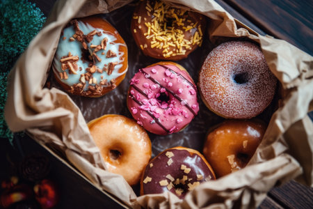 assorted donuts with chocolate frosted, pink glazed and sprinkles donuts.の素材