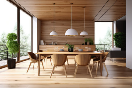 Interior of modern dining room with wooden walls, wooden floor, panoramic window and wooden table with chairs. 3d renderingの素材