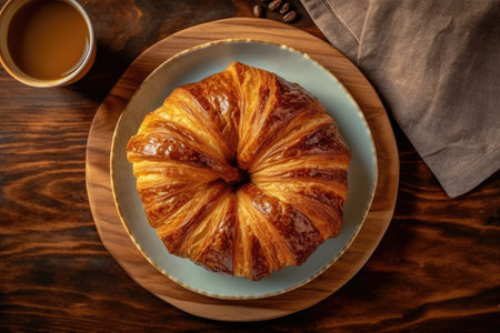 Croissant and cup of coffee on wooden table, top viewの素材