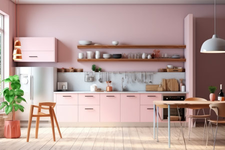 Kitchen interior with pink wall and wooden floor, 3d renderの素材