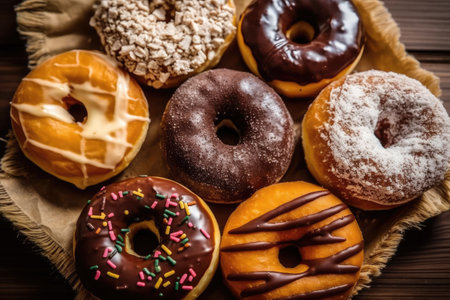 Variety of donuts on a wooden background. Selective focus.の素材