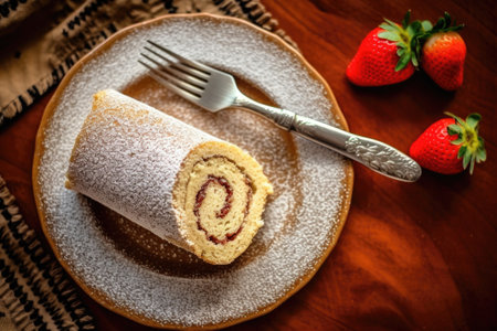 Sliced swiss roll cake with strawberry on a wooden backgroundの素材