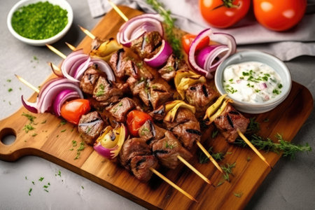 Grilled kebab on skewers with vegetables on cutting boardの素材