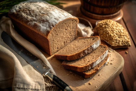 Loaf of bread and wheat on a wooden board. Toned.の素材