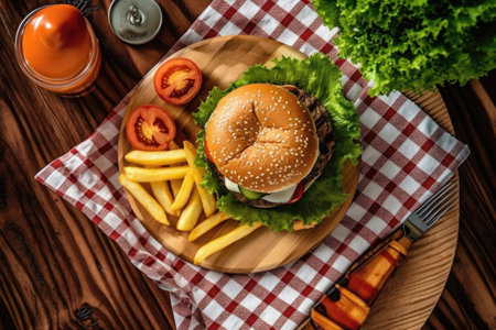 Cheese burger - American cheese burger with fresh salad on wooden backgroundの素材