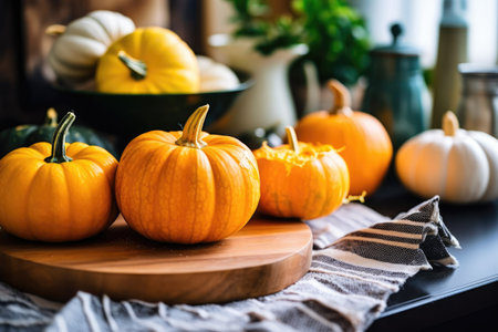 Autumn pumpkins on a wooden table. Selective focus.の素材
