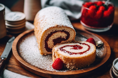 Strawberry roll cake on wooden plate with fresh berries and sugar powderの素材