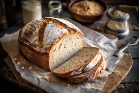 Homemade whole wheat bread on a wooden table. Selective focus.の素材