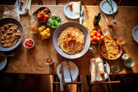 Top view of various types of Italian pasta served on wooden table.の素材