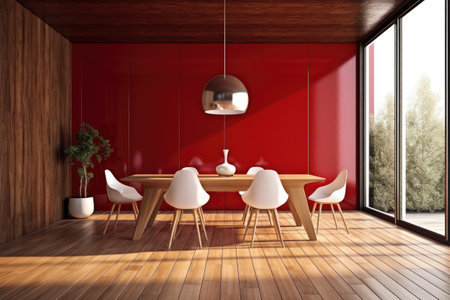 Interior of modern dining room with red walls, wooden floor, long wooden table with white chairs and round table with white chairs. 3d renderingの素材