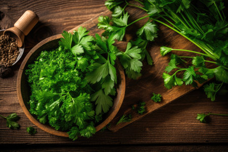 Parsley in a bowl on a wooden background. Selective focus.の素材