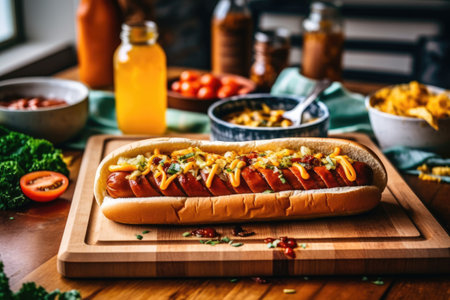 Hot dog with sausages, cheese and vegetables on wooden boardの素材