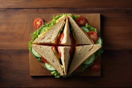 Sandwich with ham, cheese and vegetables on wooden background. Top viewの素材