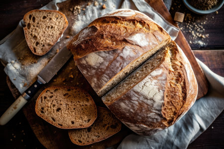 Freshly baked sourdough bread with sesame seeds on wooden backgroundの素材