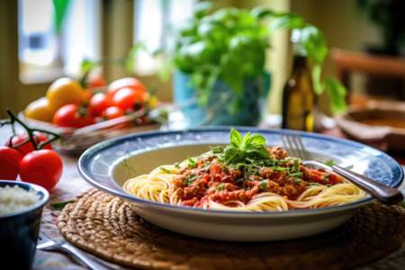 Spaghetti bolognese with basil and parmesan cheeseの素材