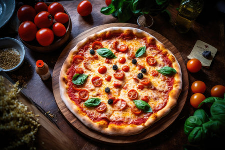 Pizza with mozzarella, tomatoes and basil on wooden backgroundの素材