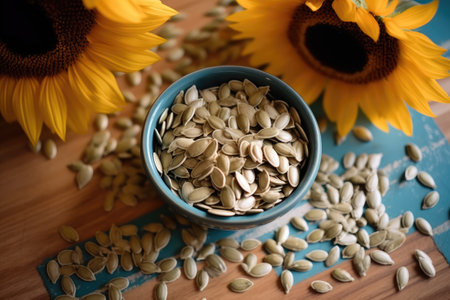 Sunflower seeds in blue bowl and sunflowers on wooden tableの素材