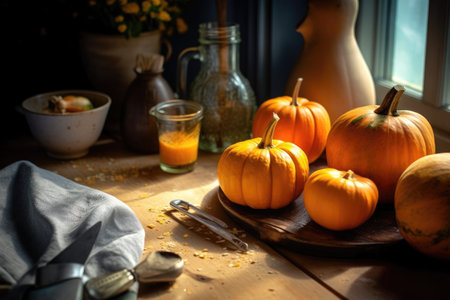 Fresh pumpkins on a wooden table in a rustic style.