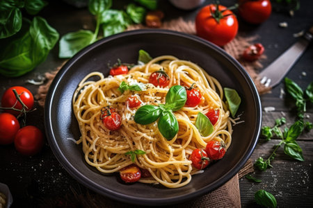 Spaghetti pasta with fresh cherry tomatoes and basil on black wooden tableの素材