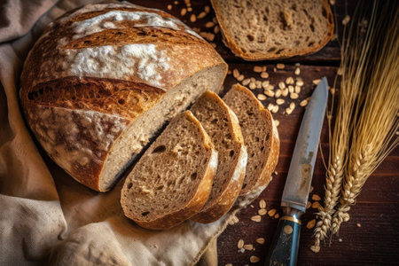 Freshly baked bread and wheat ears on rustic wooden table.の素材