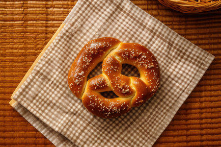 Bavarian pretzel on a napkin on a wooden backgroundの素材