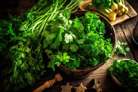 Parsley in a bowl on a wooden table. Selective focus.の素材