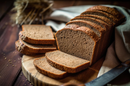 Sliced rye bread on a cutting board. Selective focus.の素材