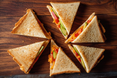 Sandwiches with vegetables and cheese on a wooden background, top viewの素材