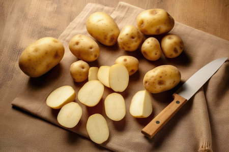 Potatoes and knife on a wooden table. Selective focus.の素材