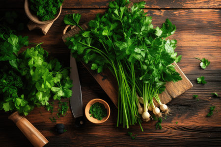 Bunch of fresh parsley and garlic on wooden table, top viewの素材