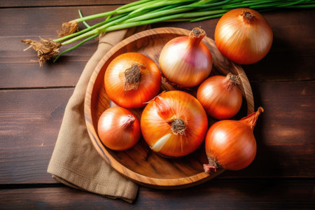 Fresh onions in bowl on wooden table. Top view with copy spaceの素材