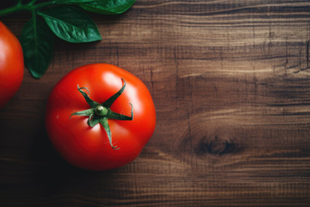 Ripe red tomatoes with green leaves on a wooden background. Top viewの素材