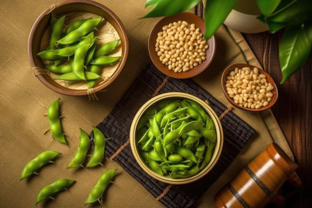 Green soybeans and soy beans in wooden bowl on brown background.の素材