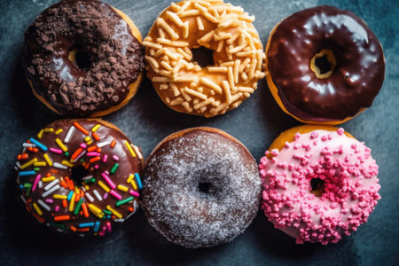 assorted donuts with chocolate frosted, pink glazed and sprinkles donutsの素材