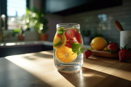 Detox water with lemon, lime and mint in a glass on a wooden table.の素材