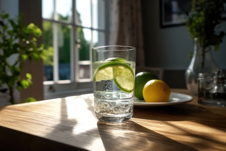 Glass of water with ice and lemon on wooden table in light roomの素材