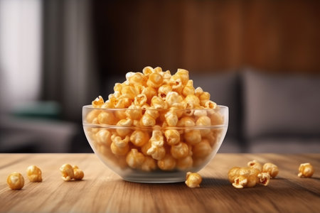 Bowl with tasty popcorn on wooden table in room, closeupの素材